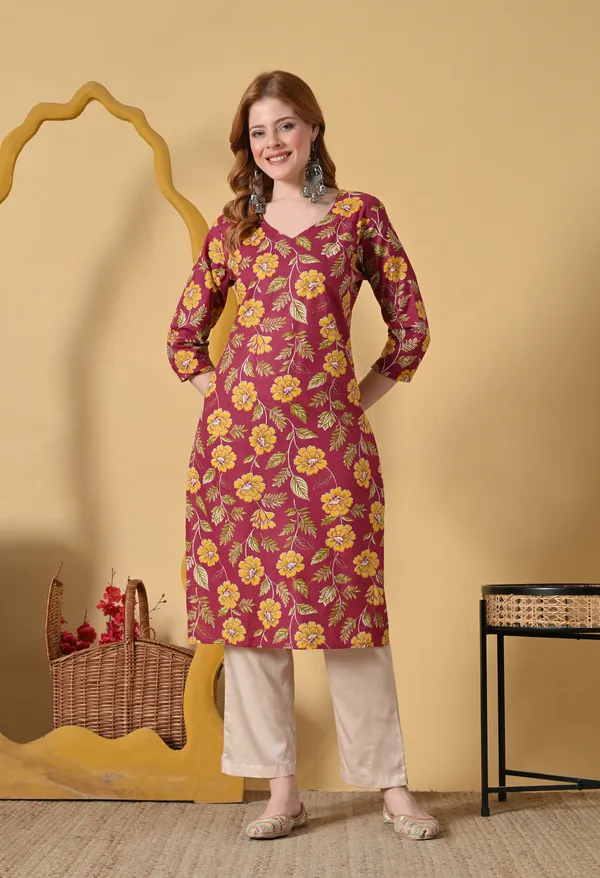 Maroon_Viscose_Rayon_Straight_Floral_Print_Kurta_For_Women