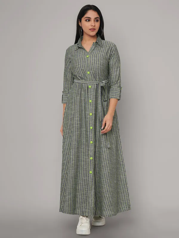 Green_Viscose_Rayon_Striped_Belted_Shirt_Dress_For_Women