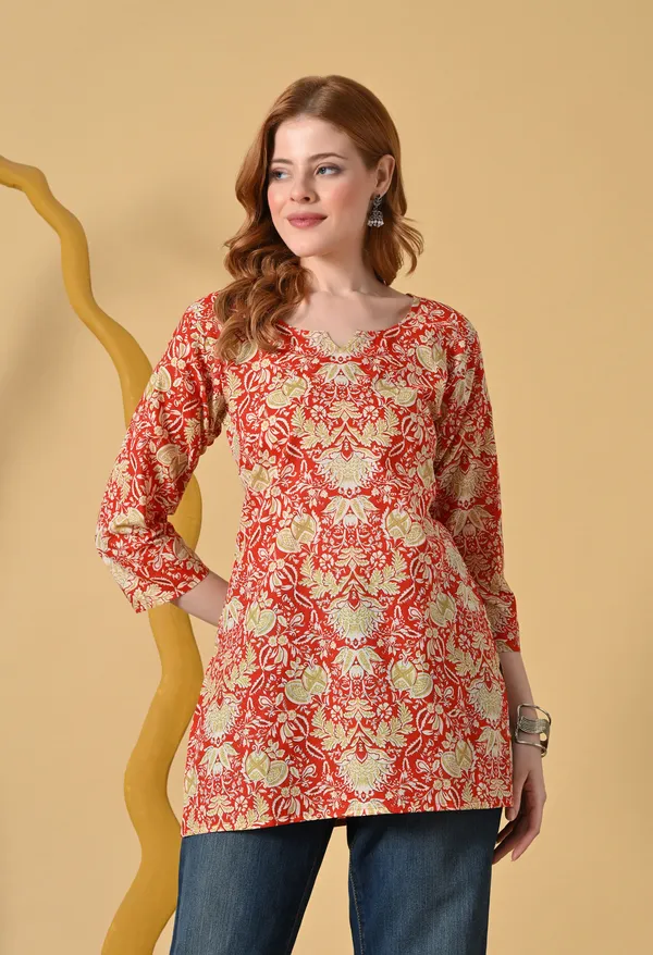 Red_Viscose_Rayon_Straight_Paisley_Floral_Print_Short_Kurta_For_Women