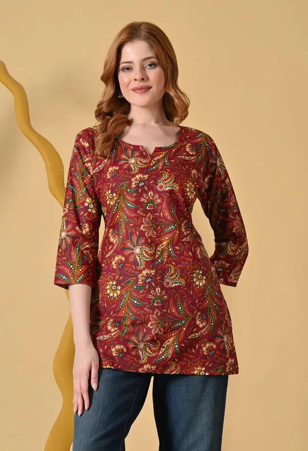 Maroon_Viscose_Rayon_Floral_Print_Straight_Short_Kurta_For_Women