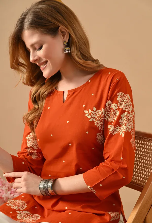 Orange_Viscose_Rayon_Embroidered_Straight_Top_For_Women