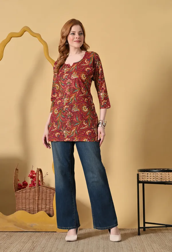 Maroon_Viscose_Rayon_Floral_Print_Straight_Short_Kurta_For_Women