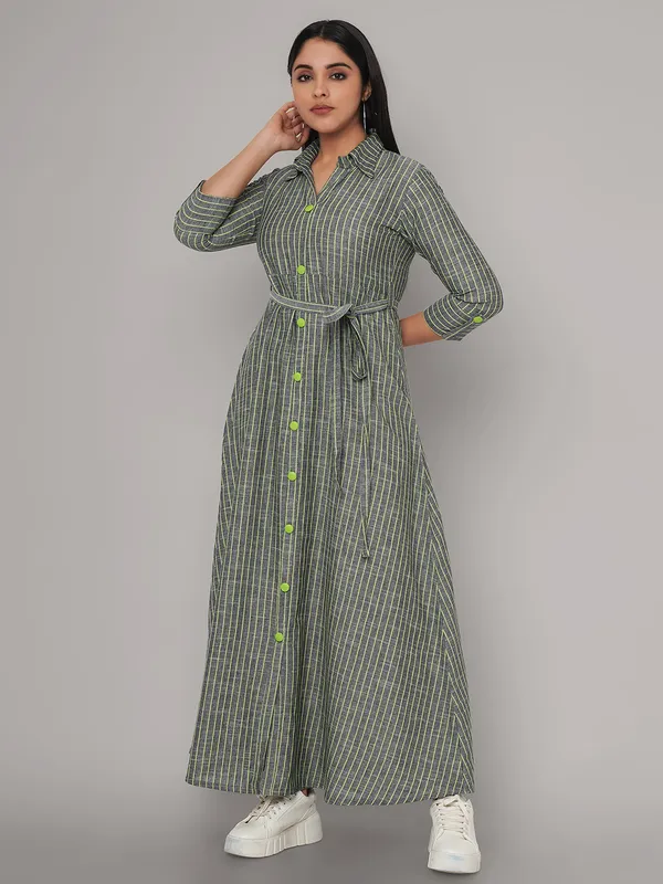 Green_Viscose_Rayon_Striped_Belted_Shirt_Dress_For_Women