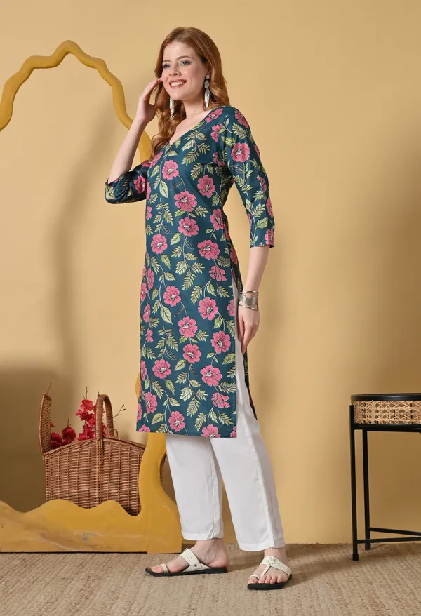 Dark_Green_Viscose_Rayon_Floral_Print_Straight_Kurta_For_Women