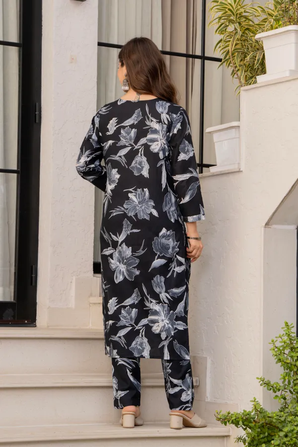 Black_Viscose_Rayon_Straight_Floral_Print_Kurta_Pant_Set_For_Women