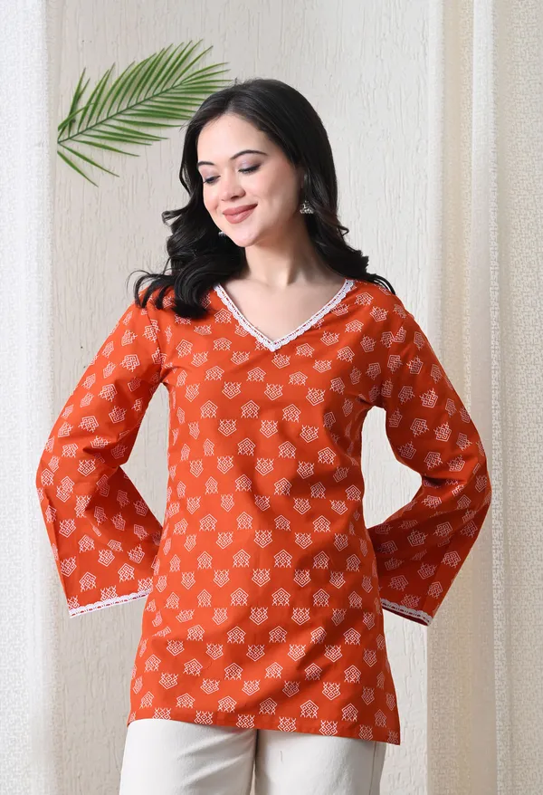 Orange_Viscose_Rayon_Relaxed_Fit_Printed_Short_Kurta_For_Women