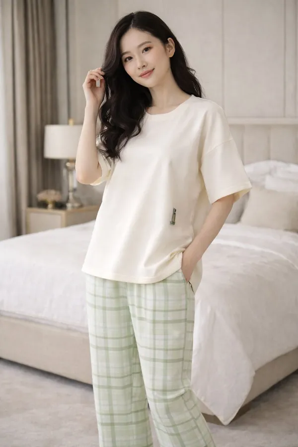 Women_Checkered,_Solid_Beige_Top_And_Pyjama_Set