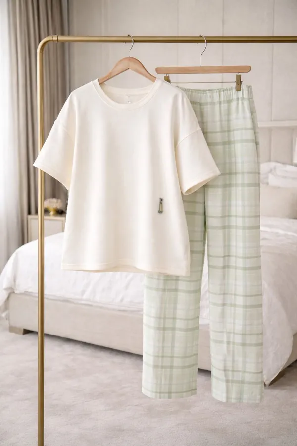 Women_Checkered,_Solid_Beige_Top_And_Pyjama_Set