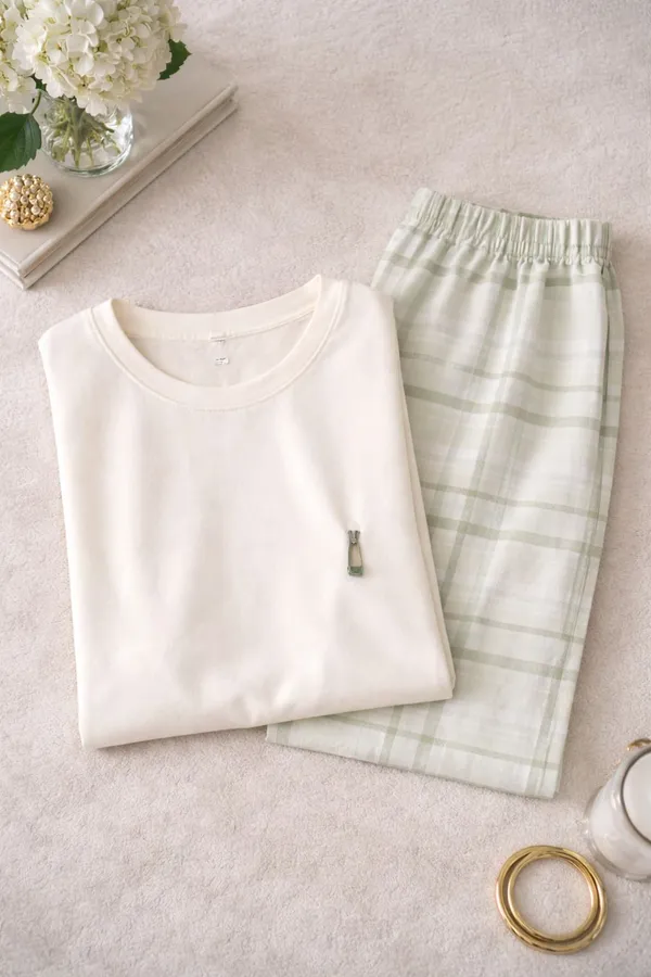 Women_Checkered,_Solid_Beige_Top_And_Pyjama_Set