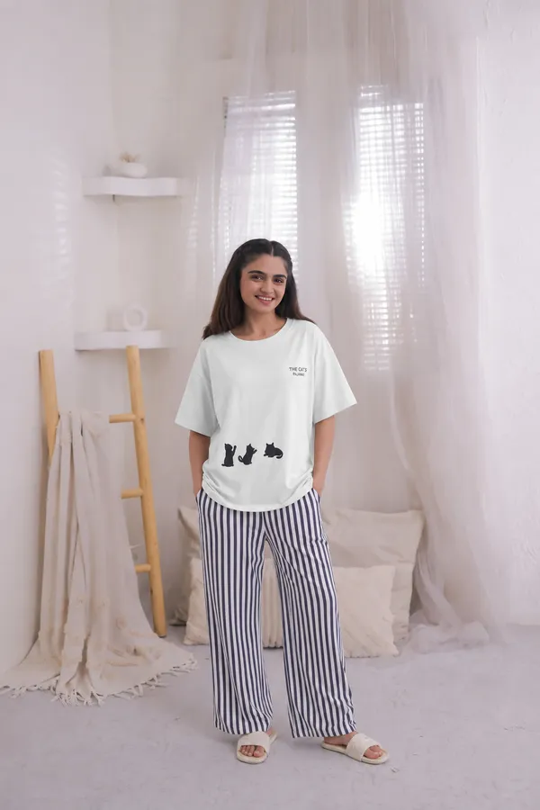 Women’s_White_Printed_Night_Suit_Set_–_Cat_Print_&_Striped_Pajama