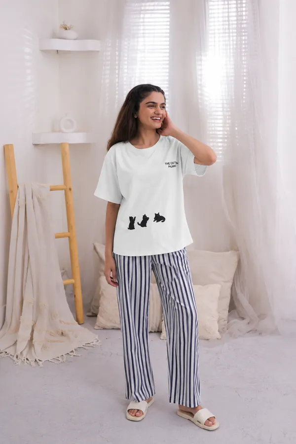 Women’s_White_Printed_Night_Suit_Set_–_Cat_Print_&_Striped_Pajama