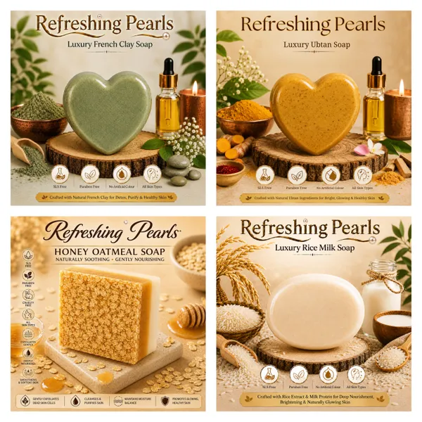 Refreshing_Pearls_Luxury_Organic_Soap_Combo_Pack_Of_4_(Rice_Milk,_Honey_Oatmeal,_Ubtan,_Green_French_Clay)