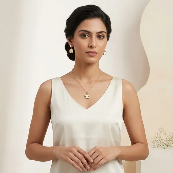 Gold_Plated_White_Floral_Pendant_Necklace_And_Earrings_Set_For_Women
