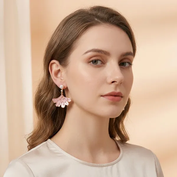 Pink_Enamel_Gold_Plated_Ginkgo_Leaf_Pearl_Drop_Earrings_For_Women