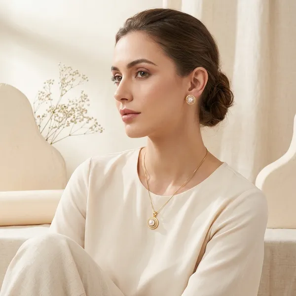 Gold_And_White_Pearl_Embellished_Pendant_And_Earring_Set_For_Women