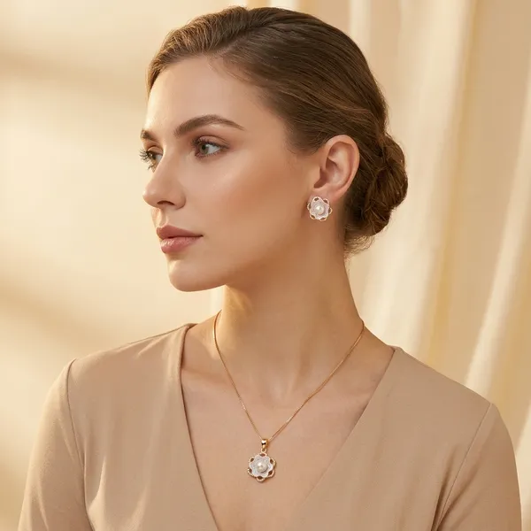 Gold_Plated_Floral_Pearl_Pendant_Necklace_And_Earrings_Set_For_Women