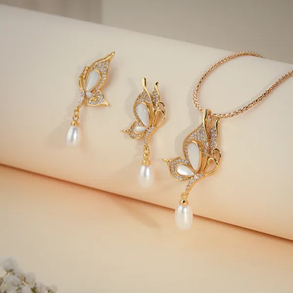 Gold_And_White_Butterfly_Pearl_Drop_Necklace_And_Earring_Set_For_Women