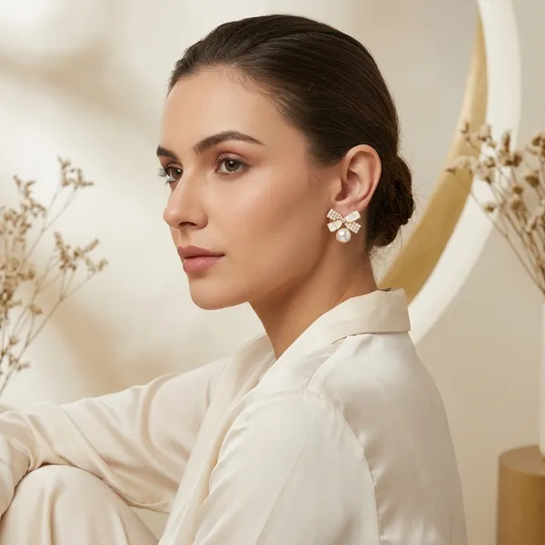 Gold_&_White_Pearl_Crystal_Bow_Stud_Earrings_For_Women