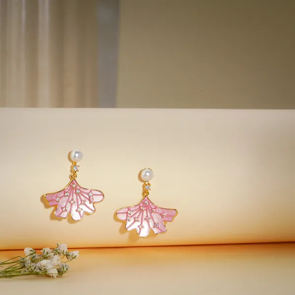 Pink_Enamel_Gold_Plated_Ginkgo_Leaf_Pearl_Drop_Earrings_For_Women