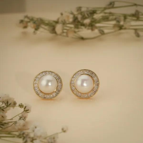 Gold_Plated_White_Pearl_Round_Halo_Stud_Earrings_For_Women