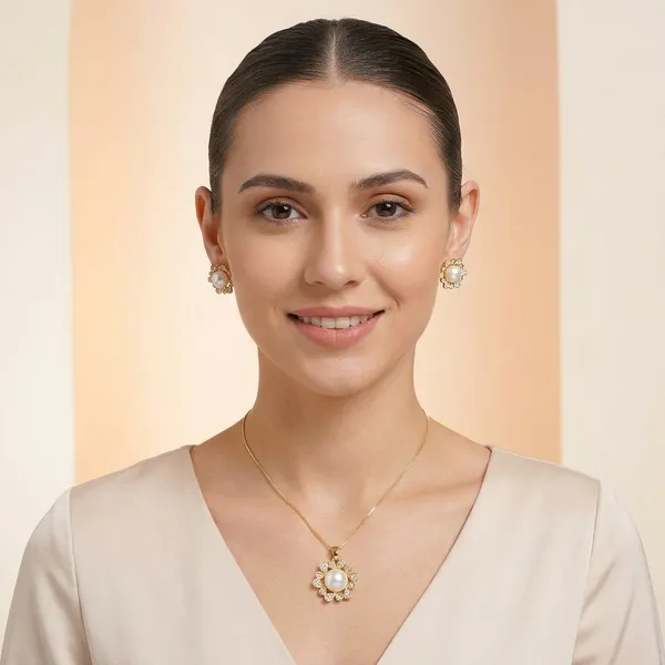 Gold_&_White_Pearl_Floral_Pendant_Necklace_And_Earrings_Set
