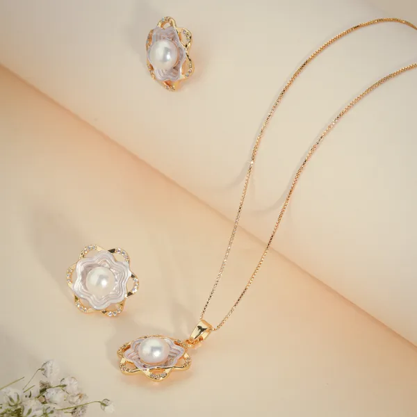 Gold_Plated_Floral_Pearl_Pendant_Necklace_And_Earrings_Set_For_Women