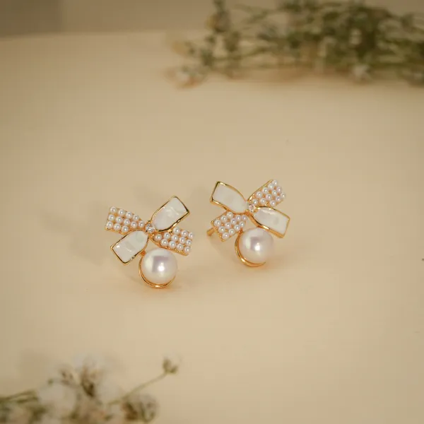 Gold_&_White_Pearl_Crystal_Bow_Stud_Earrings_For_Women