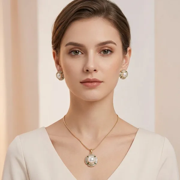 Gold_Plated_Pearl_Crystal_Halo_Pendant_Necklace_And_Earring_Set_For_Women