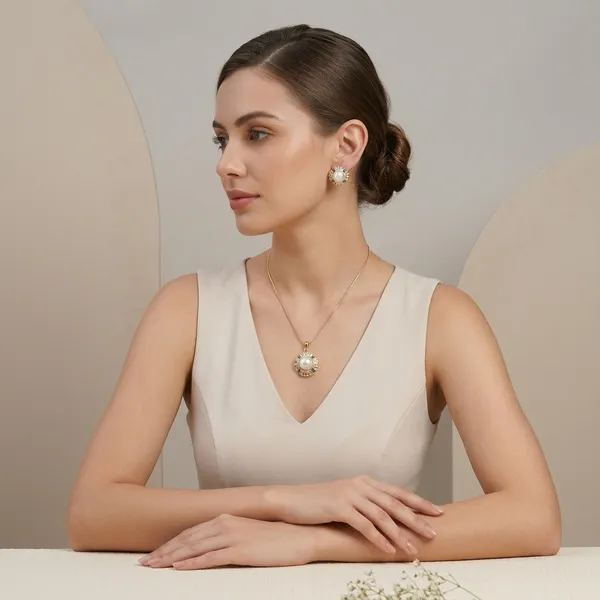 Gold_Plated_Pearl_Crystal_Halo_Pendant_Necklace_And_Earring_Set_For_Women