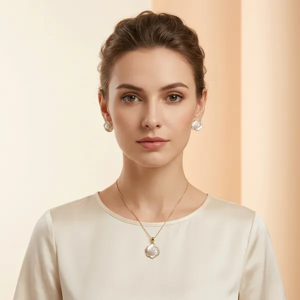 Gold_And_White_Enamel_Floral_Pearl_Pendant_Necklace_And_Earrings_Set