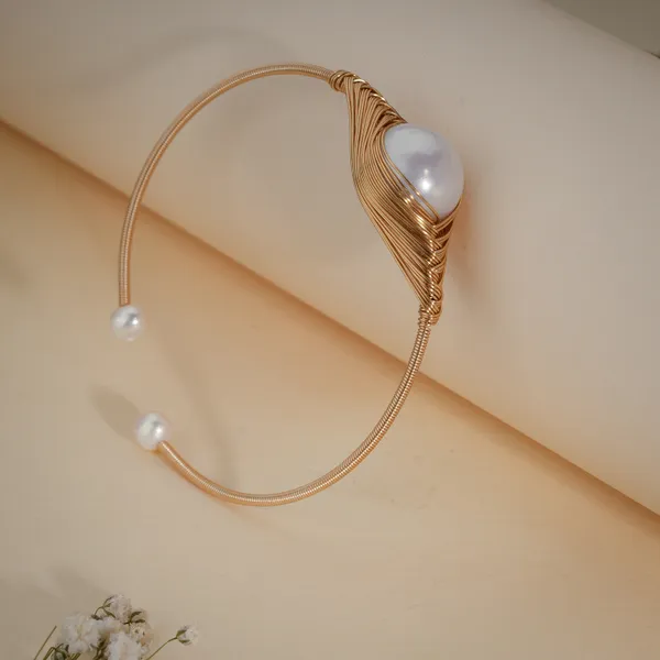 Gold_And_White_Wire_Wrapped_Pearl_Adjustable_Cuff_Bracelet_For_Women