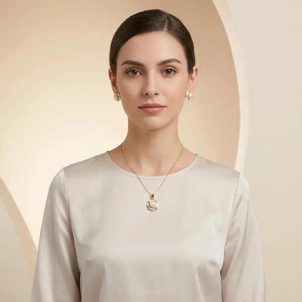 Gold_&_White_Pearl_Floral_Pendant_Necklace_And_Earring_Set_For_Women