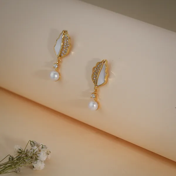 Gold_Plated_Pearl_Drop_Leaf_Design_Earrings_For_Women