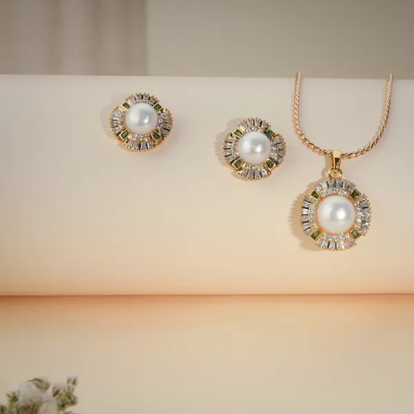 Gold_Plated_Pearl_Crystal_Halo_Pendant_Necklace_And_Earring_Set_For_Women