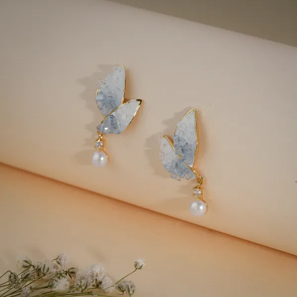 Blue_And_Gold_Resin_Butterfly_Pearl_Drop_Earrings_For_Women