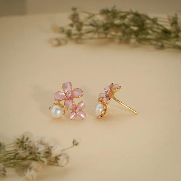 Rose_Gold_Plated_Pink_Floral_Pearl_Stud_Earrings_For_Women