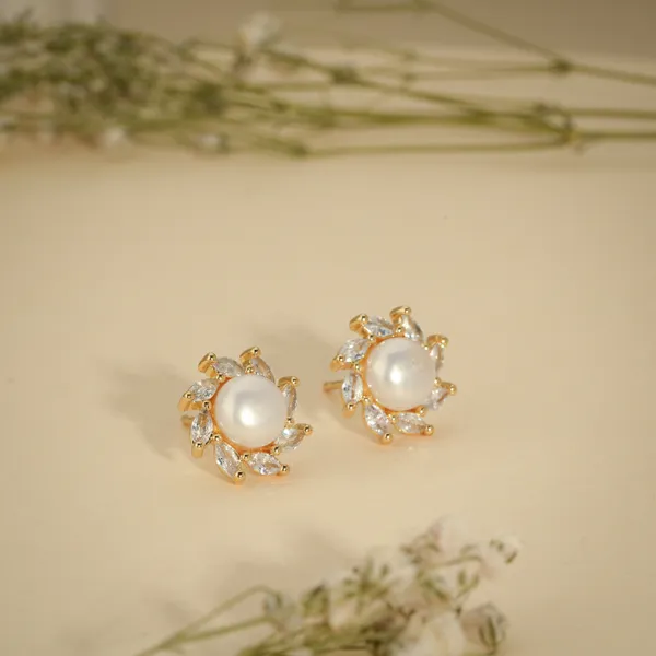 Gold_Plated_Pearl_Cubic_Zirconia_Floral_Stud_Earrings_For_Women