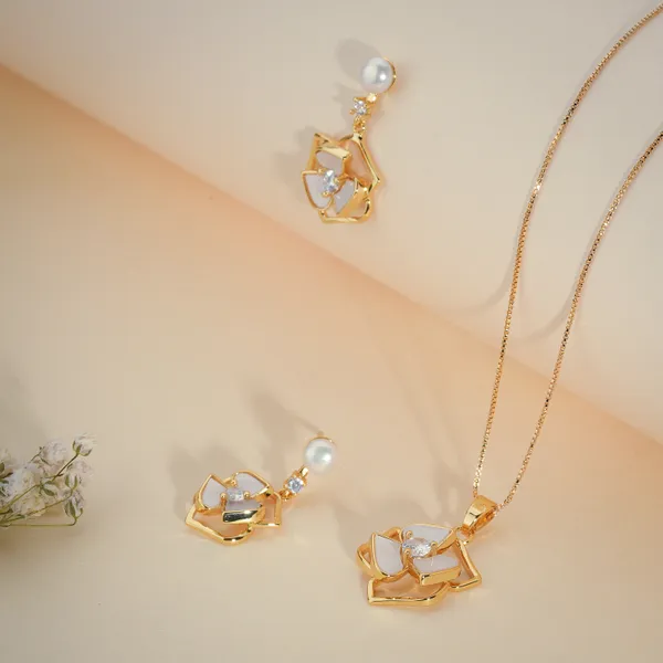 Gold_Plated_Hexagon_Pearl_Drop_Necklace_And_Earring_Set_For_Women