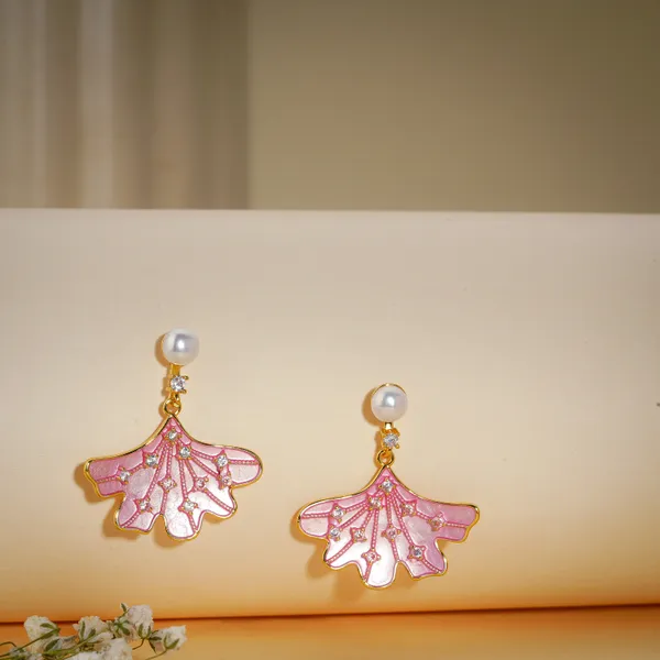 Pink_Enamel_Gold_Plated_Ginkgo_Leaf_Pearl_Drop_Earrings_For_Women
