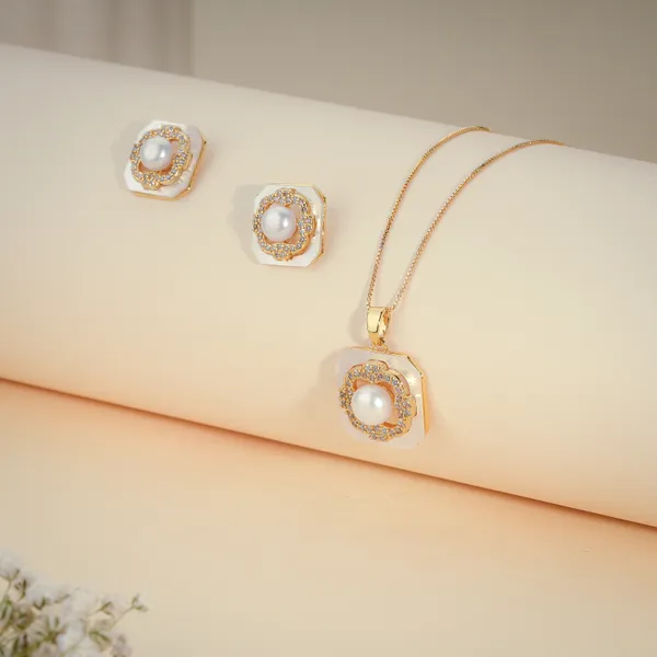 Gold_And_White_Pearl_Crystal_Square_Pendant_Necklace_Earrings_Set_For_Women