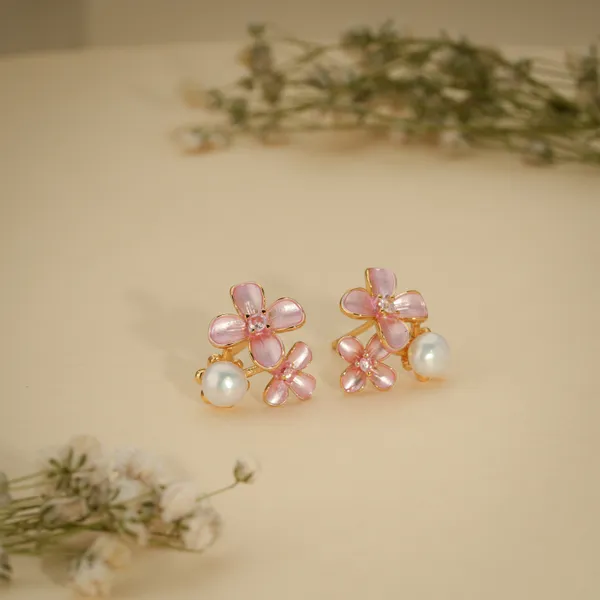 Rose_Gold_Plated_Pink_Floral_Pearl_Stud_Earrings_For_Women