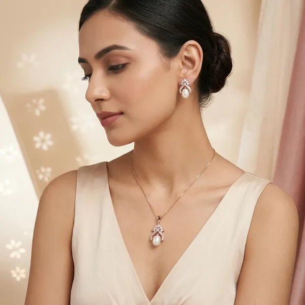 Rose_Gold_Plated_Pearl_Crystal_Floral_Pendant_Necklace_And_Earrings_Set_For_Women
