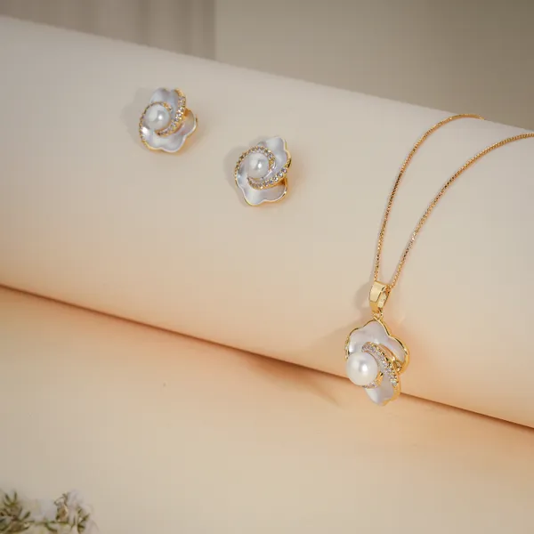 Gold_And_White_Enamel_Floral_Pearl_Pendant_Necklace_And_Earrings_Set