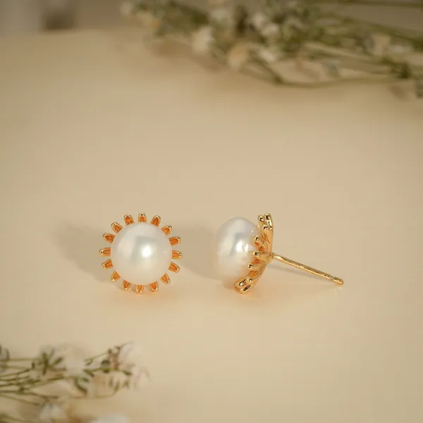 Gold_And_White_Plated_Pearl_Sunburst_Stud_Earrings_For_Women