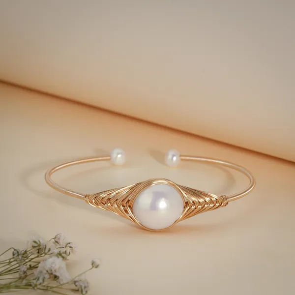 Gold_And_White_Wire_Wrapped_Pearl_Adjustable_Cuff_Bracelet_For_Women