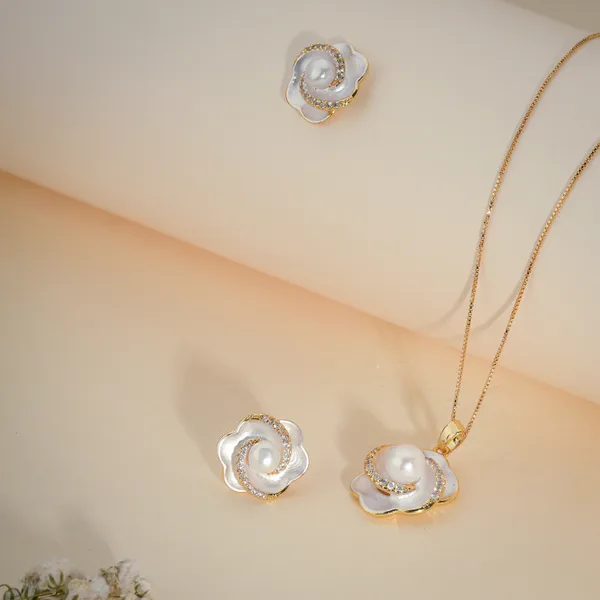 Gold_And_White_Enamel_Floral_Pearl_Pendant_Necklace_And_Earrings_Set