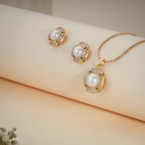 Gold_Plated_Pearl_Crystal_Halo_Pendant_Necklace_And_Earring_Set_For_Women