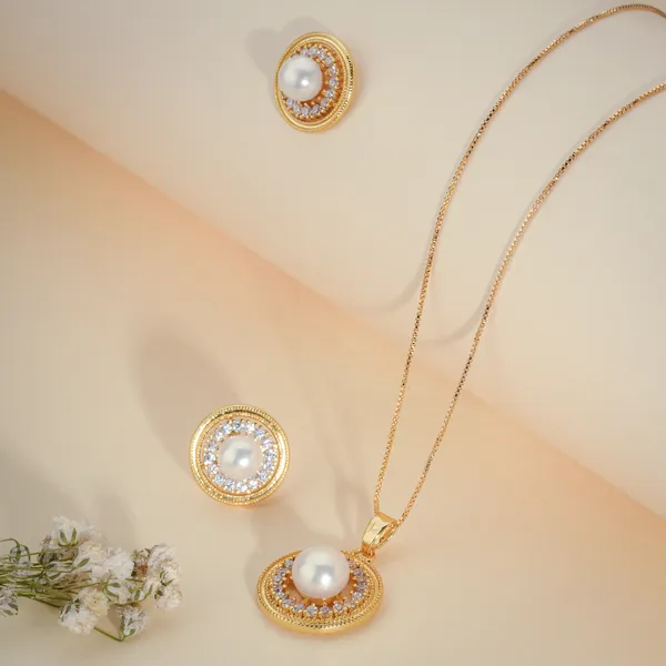 Gold_And_White_Pearl_Embellished_Pendant_And_Earring_Set_For_Women