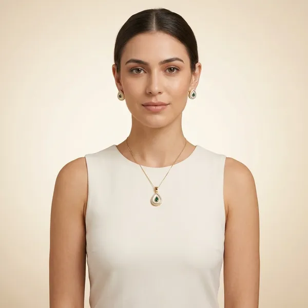 Gold_Plated_Green_Stone_Teardrop_Pendant_Set_With_Earrings_For_Women