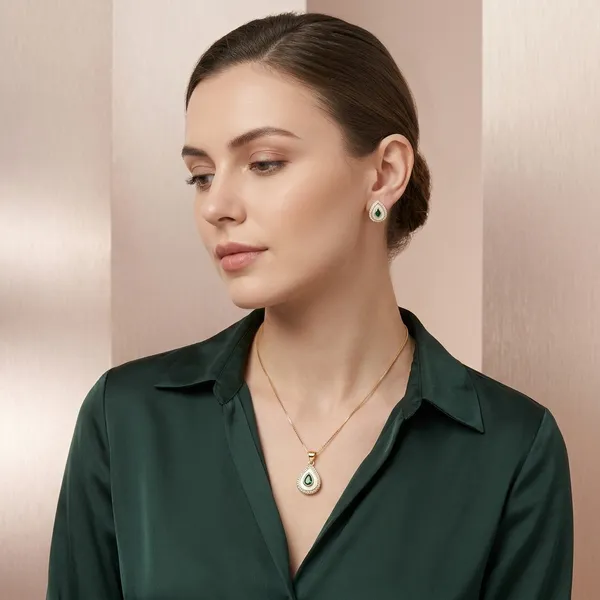 Gold_Plated_Green_Stone_Teardrop_Pendant_Set_With_Earrings_For_Women